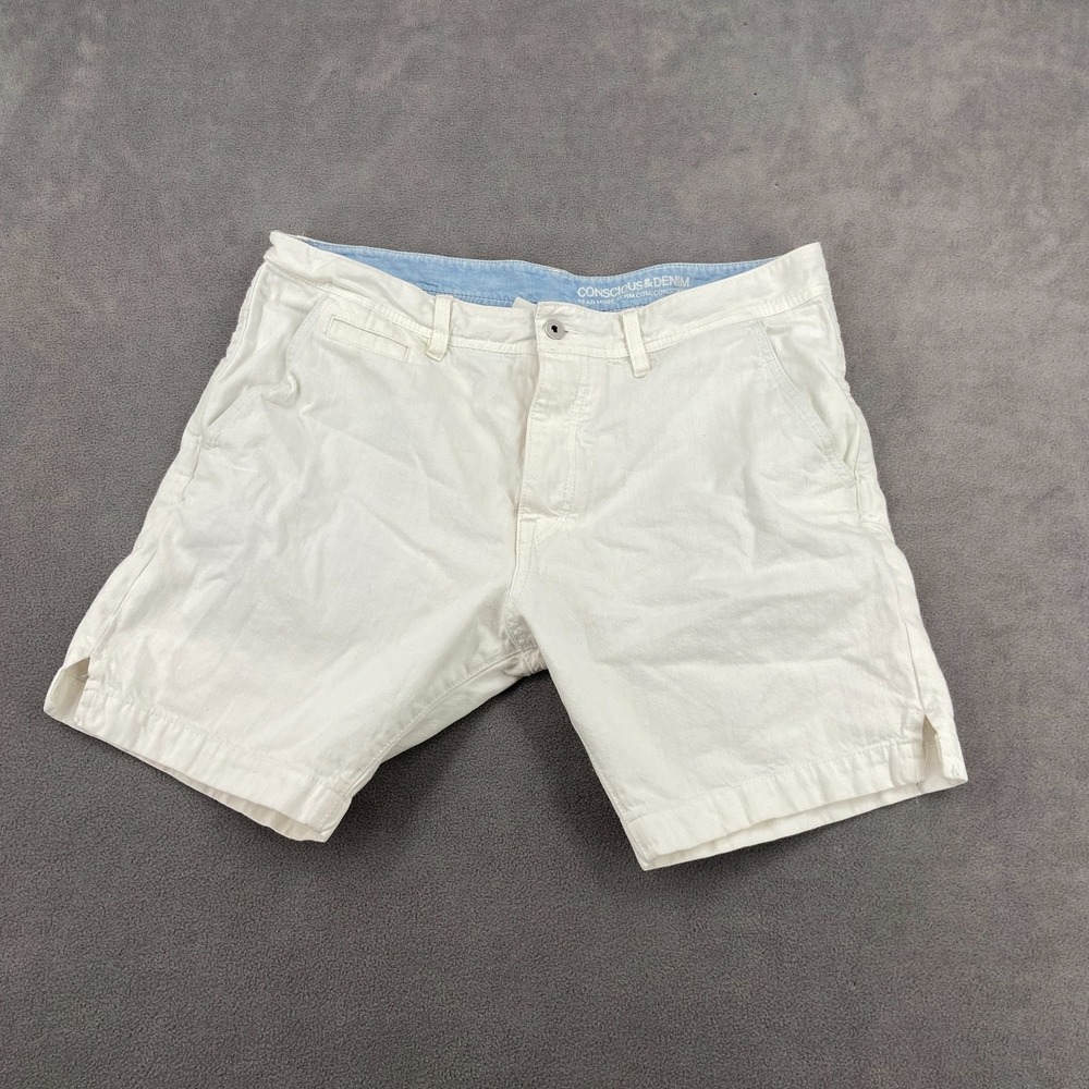 H&M Conscious‎ Denim Chino Shorts Mens 36 White Cotton Mid Rise Performance